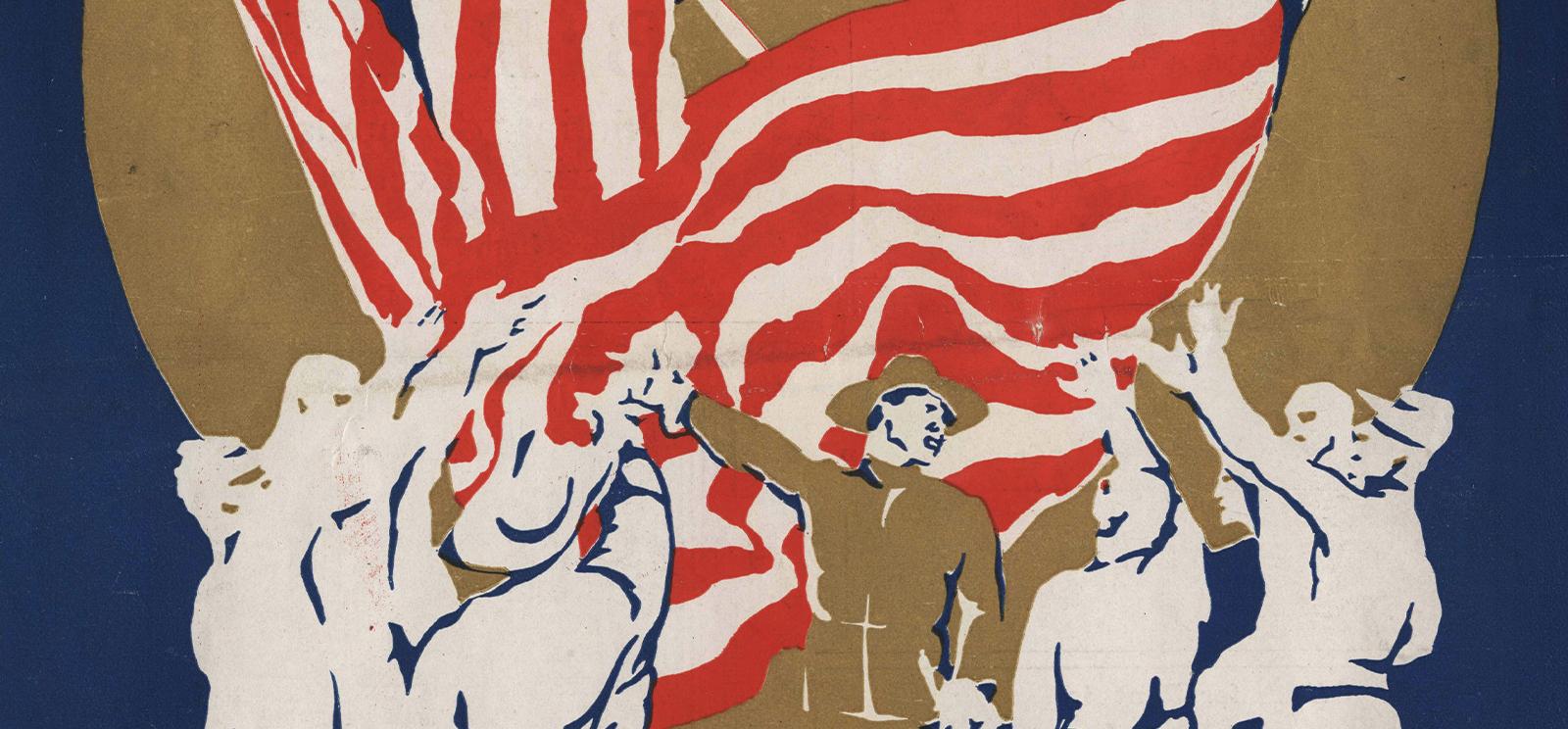 Poster print of a soldier singing or cheering while a group of soldiers surrounding him also sing or cheer. Two very large U.S. flags wave in the background.