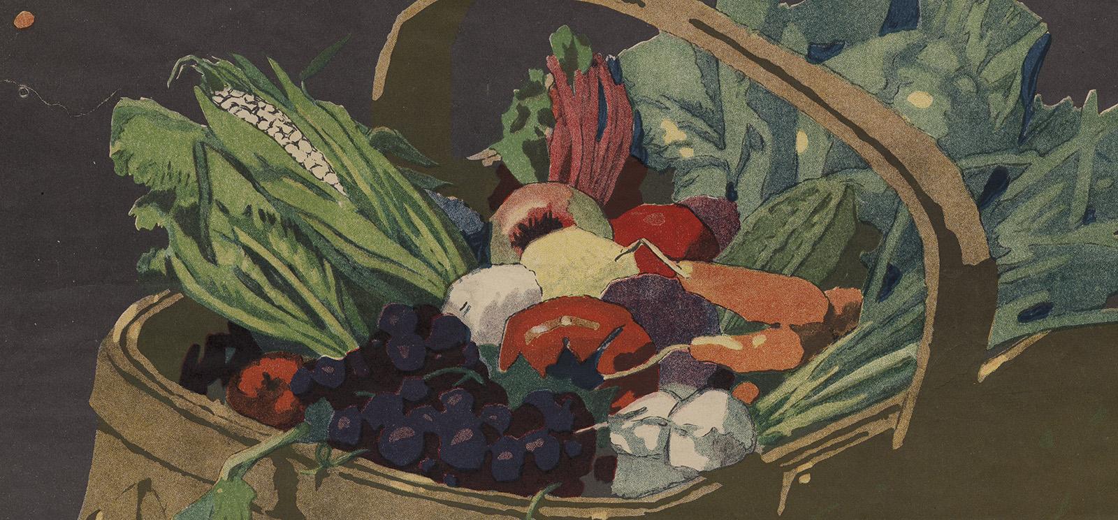 Painting of a basket full of fresh vegetables