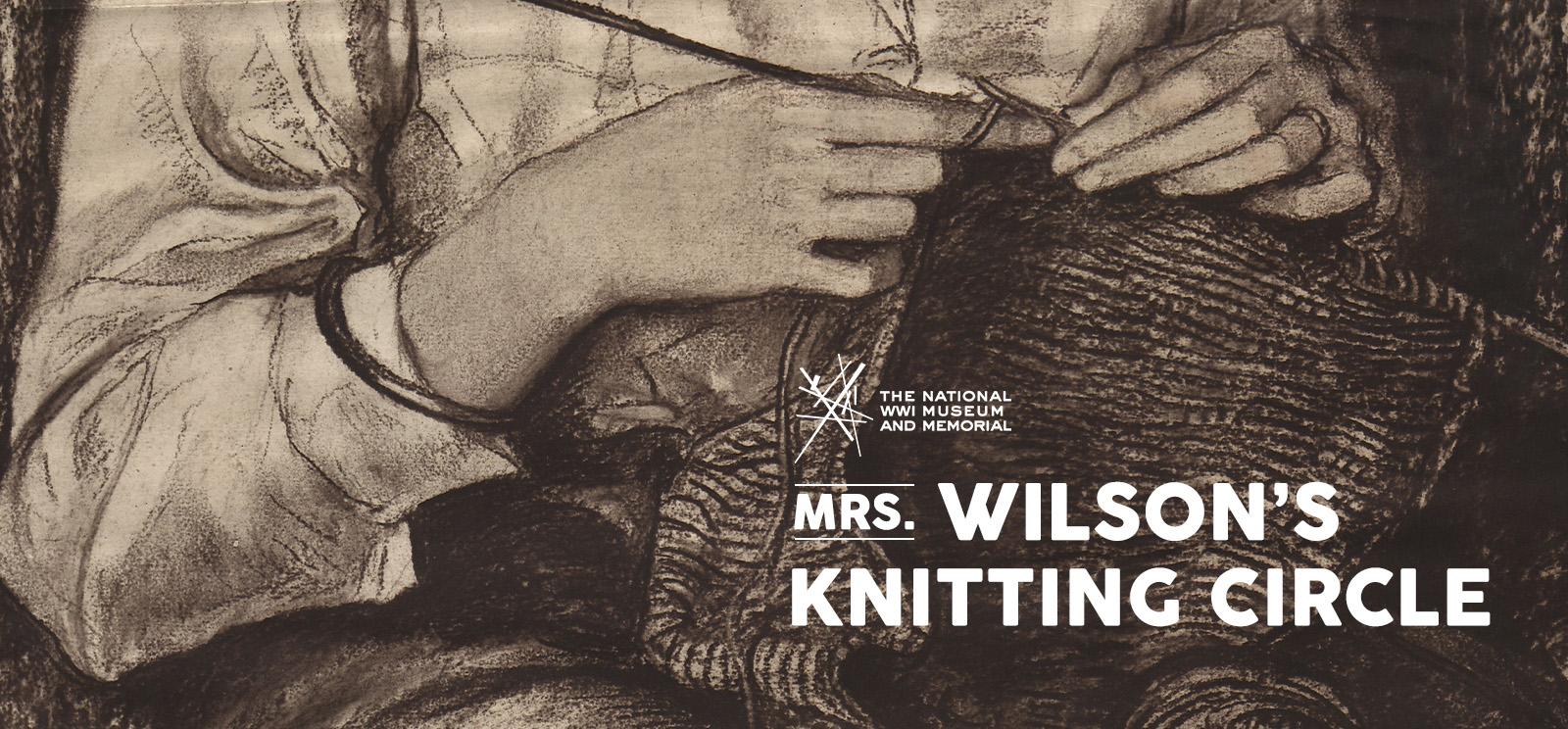 Painting of a woman's hands knitting something. Text: Mrs. Wilson's Knitting Circle