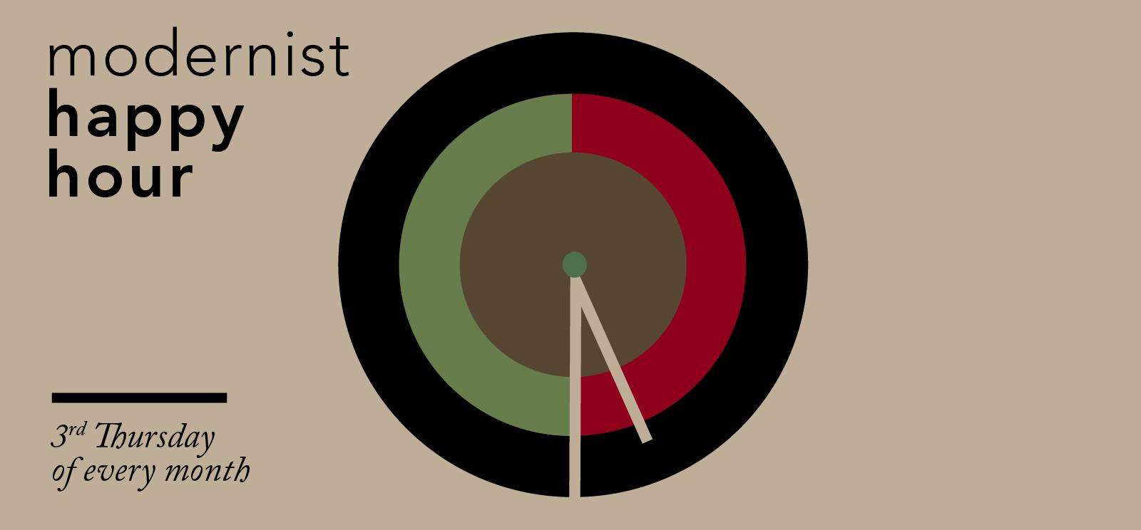 Image: Modernist Happy Hour clock logo in red, green and brown colors. Text: modernist happy hour / 3rd Thursday of every month