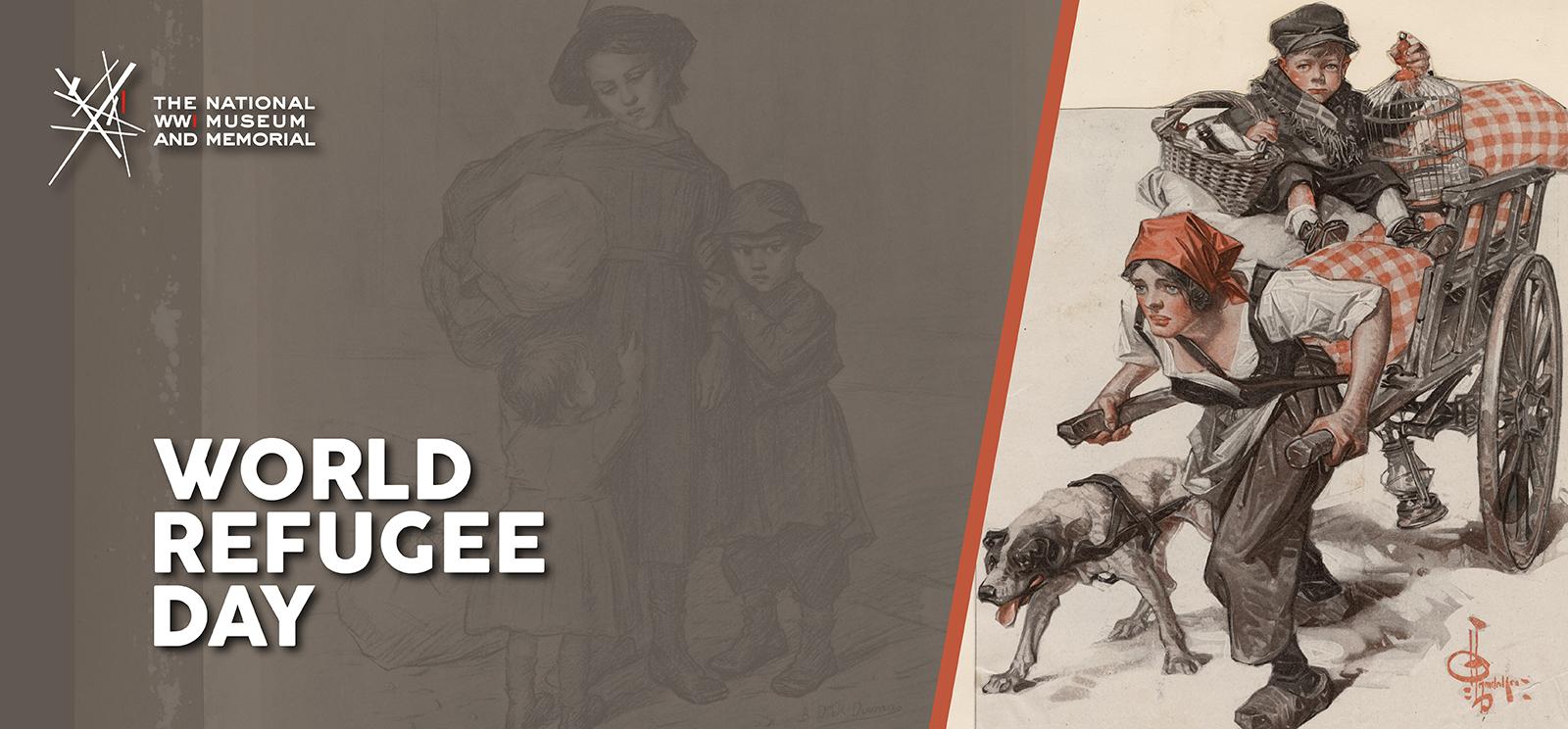 Image: Drawing of a girl wearing a dress and red headscarf pulling a handcart piled with belongings. A small boy sits on top of the luggage in the cart. Text: 'World Refugee Day'