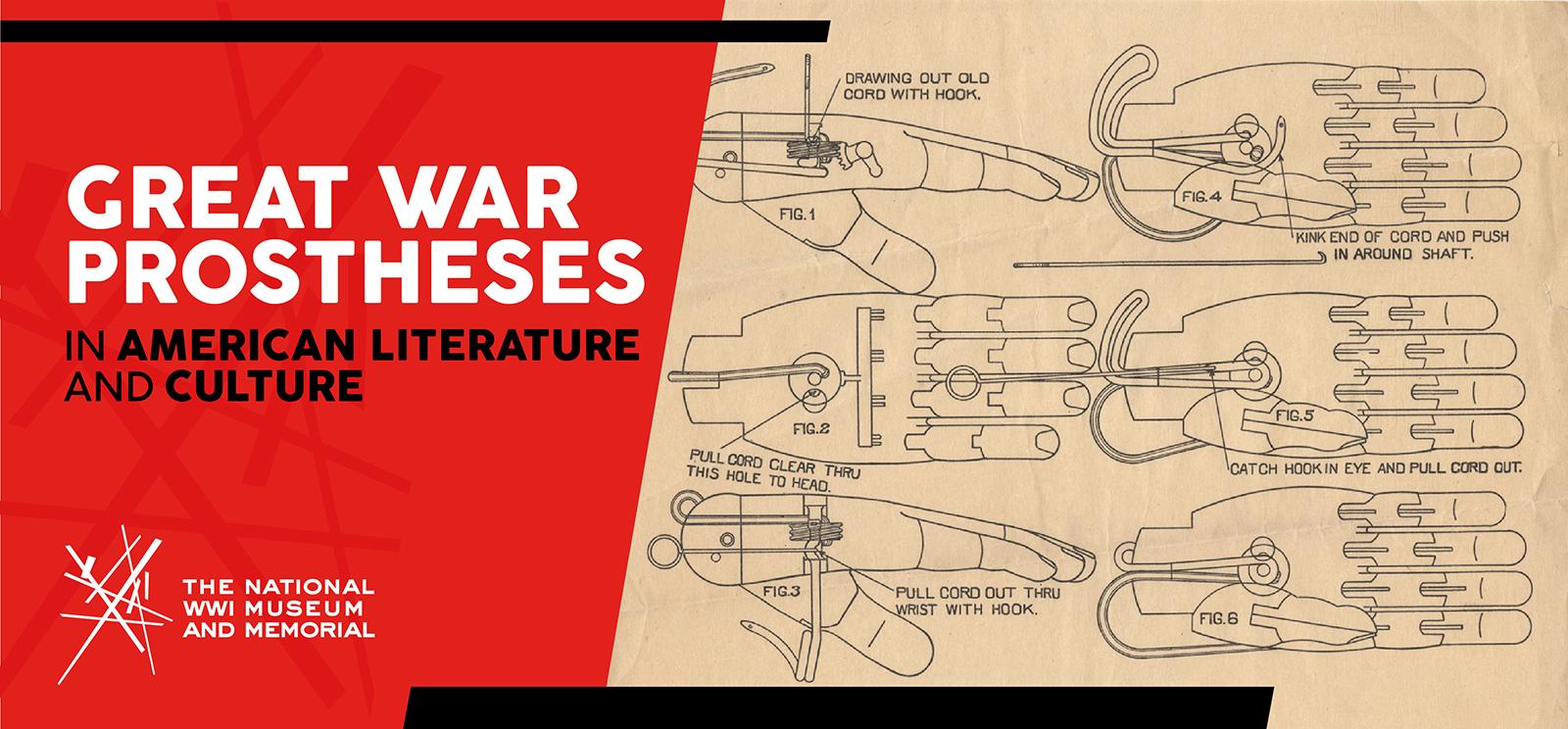 Image: Vintage diagrams of how to operate a prosthetic hand. Text: 'Great War Prostheses / in American Literature and Culture'