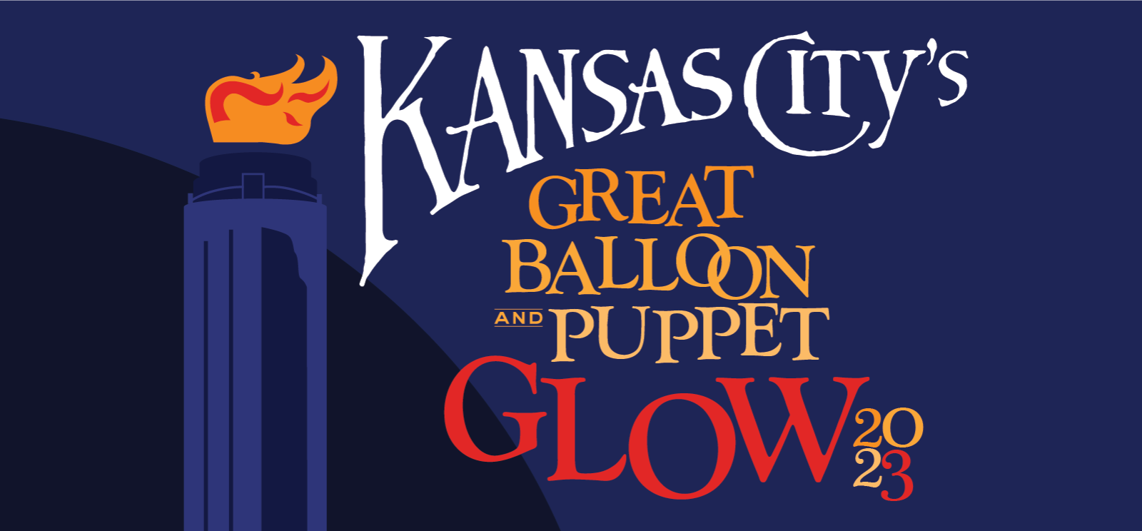 Image : Graphique bleu stylisé de la Liberty Memorial Tower avec une flamme orange sur le dessus. Texte : Great Balloon and Puppet Glow de Kansas City 2023