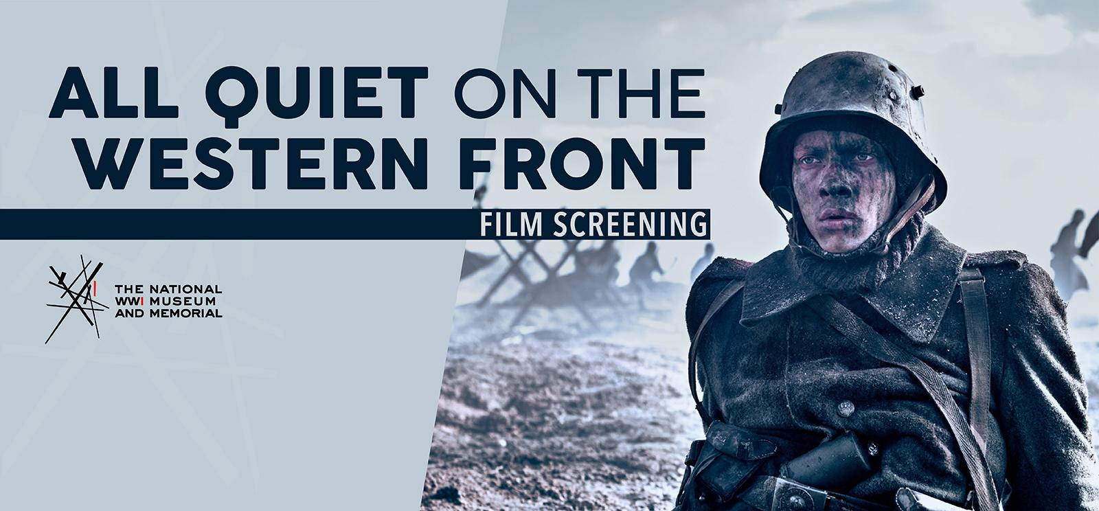 Image: Modern film still of a WWI soldier character sitting on the ground covered in dirt looking shellshocked. Text: 'All Quiet on the Western Front'
