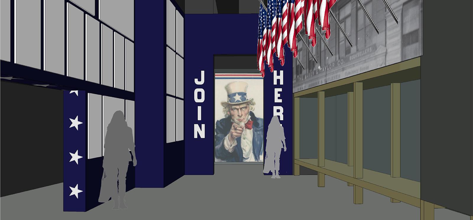 Rendu informatique d'un espace de galerie de musée présentant une rangée de drapeaux américains et un grand écran Oncle Sam