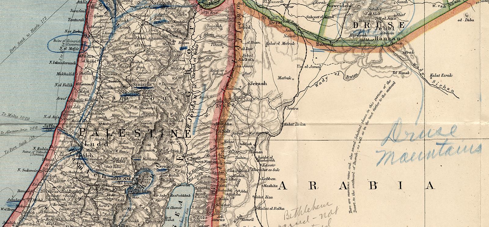 Recadrage d'une carte montrant une partie de la Palestine, de l'Arabie et de la mer Méditerranée