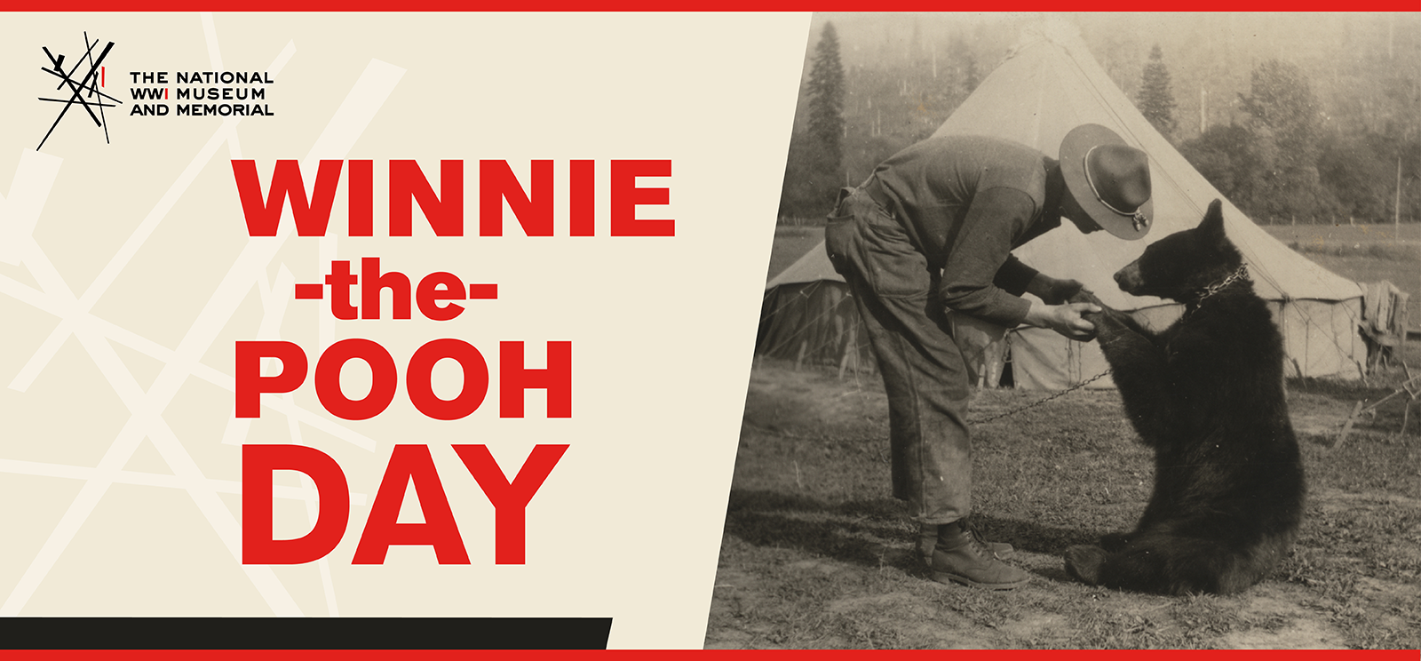 Image: black and white photo of a man in WWI uniform bending over to shake the paw of a smallish black bear. Text: 'Winnie-the-Pooh Day'