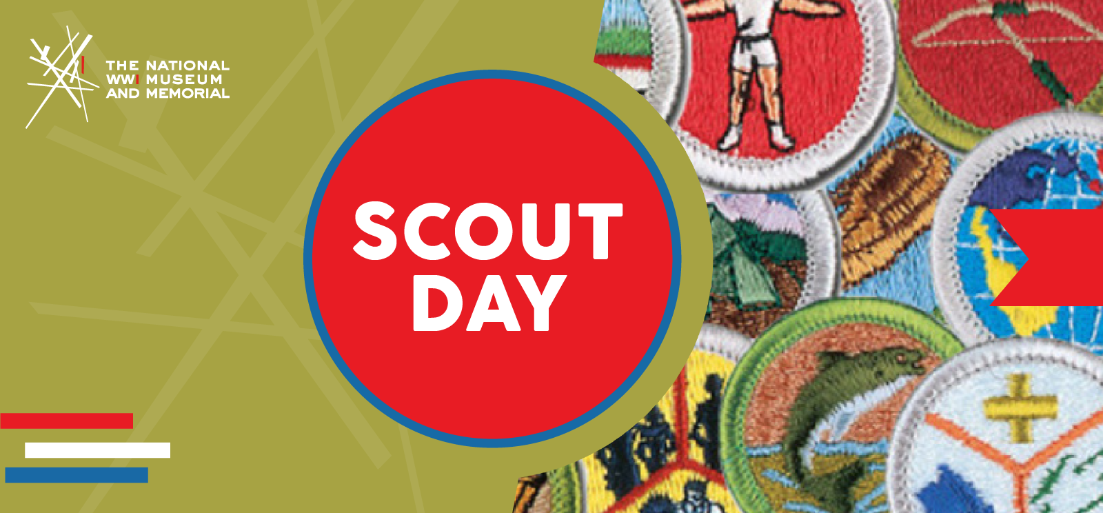 Image: Boy Scout badges layered on top of each other. Text: Scout Day