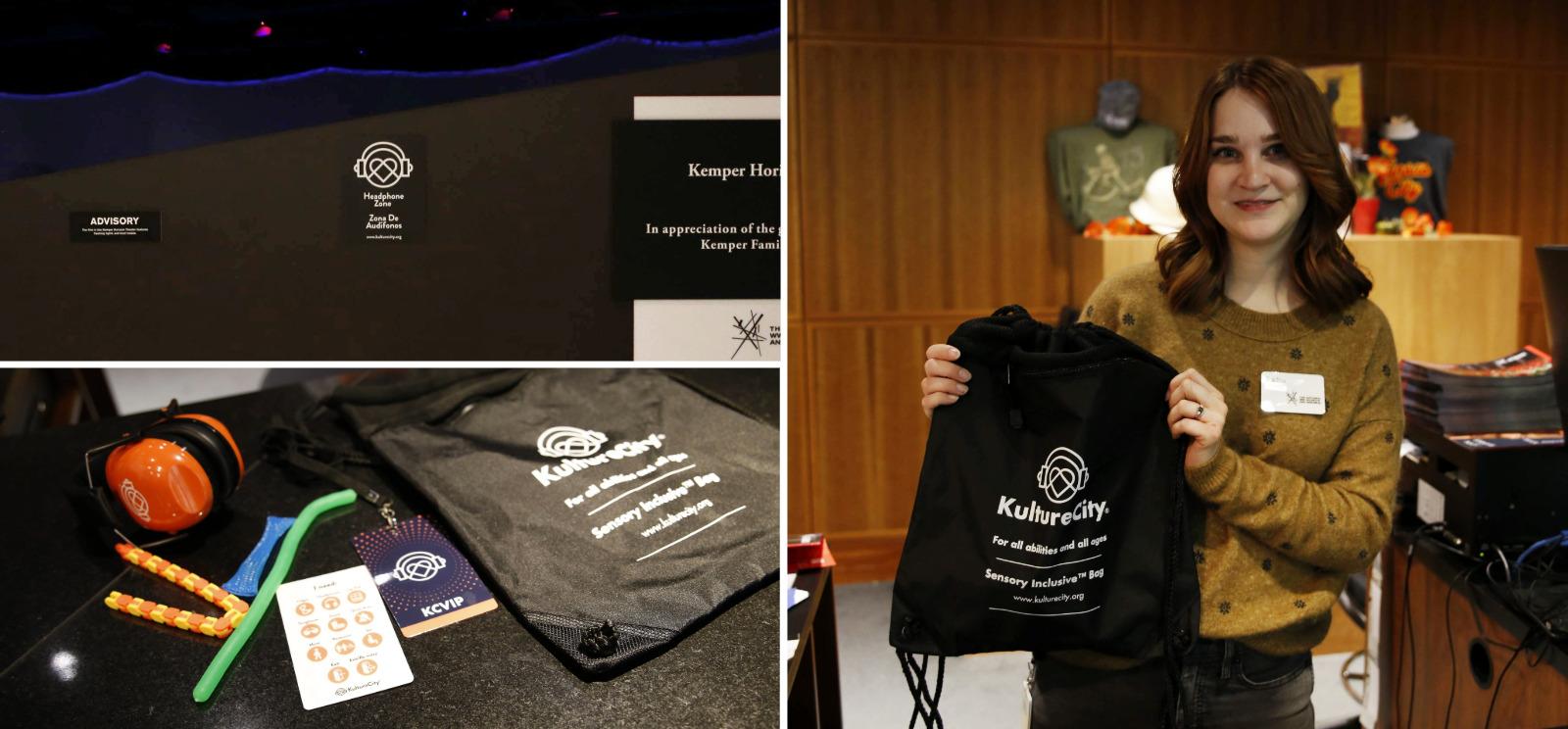 Right image: modern photo of a white woman standing in a museum ticketing area smiling and holding up a black drawstring bag labeled 'Kulture City.' Left top image: a low museum wall with a sign showing a heart logo with headphones labeled 'Headphone Zone.' Left bottom image: Modern photo of a variety of items including fidget toys, headphones and special badge laid out on a counter.