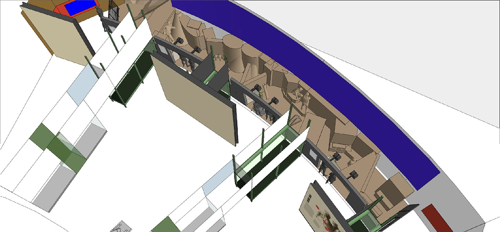 Computer rendering of a cutaway diagram of a long and narrow exhibit space with interactive displays inside