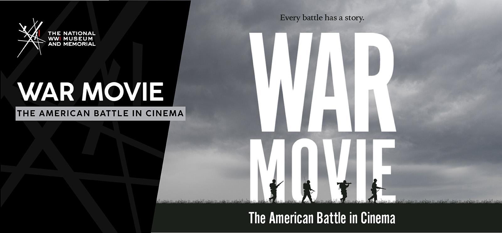 Affiche de film en noir et blanc avec de minuscules silhouettes illustrées de soldats de la Première Guerre mondiale courant à travers un paysage austère avec les mots « WAR MOVIE » au-dessus d'eux.