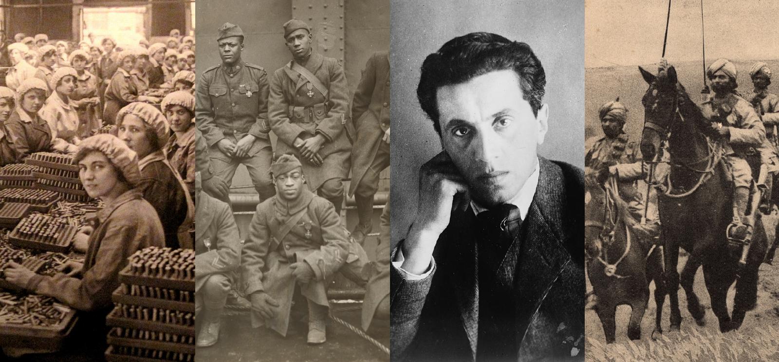 Collage de quatre photographies anciennes sépia ou noir et blanc. Image 1 : Des rangées de femmes blanches assises à des tables dans une usine avec des balles et d'autres munitions empilées entre elles. Image 2 : Un groupe de soldats noirs américains posent pour un portrait en uniforme. Image 3 : portrait photographique d'un homme blanc à l'air émacié et aux cheveux noirs, le visage posé sur sa main. Image 4 : Plusieurs cavaliers indiens portant des turbans et des lances.