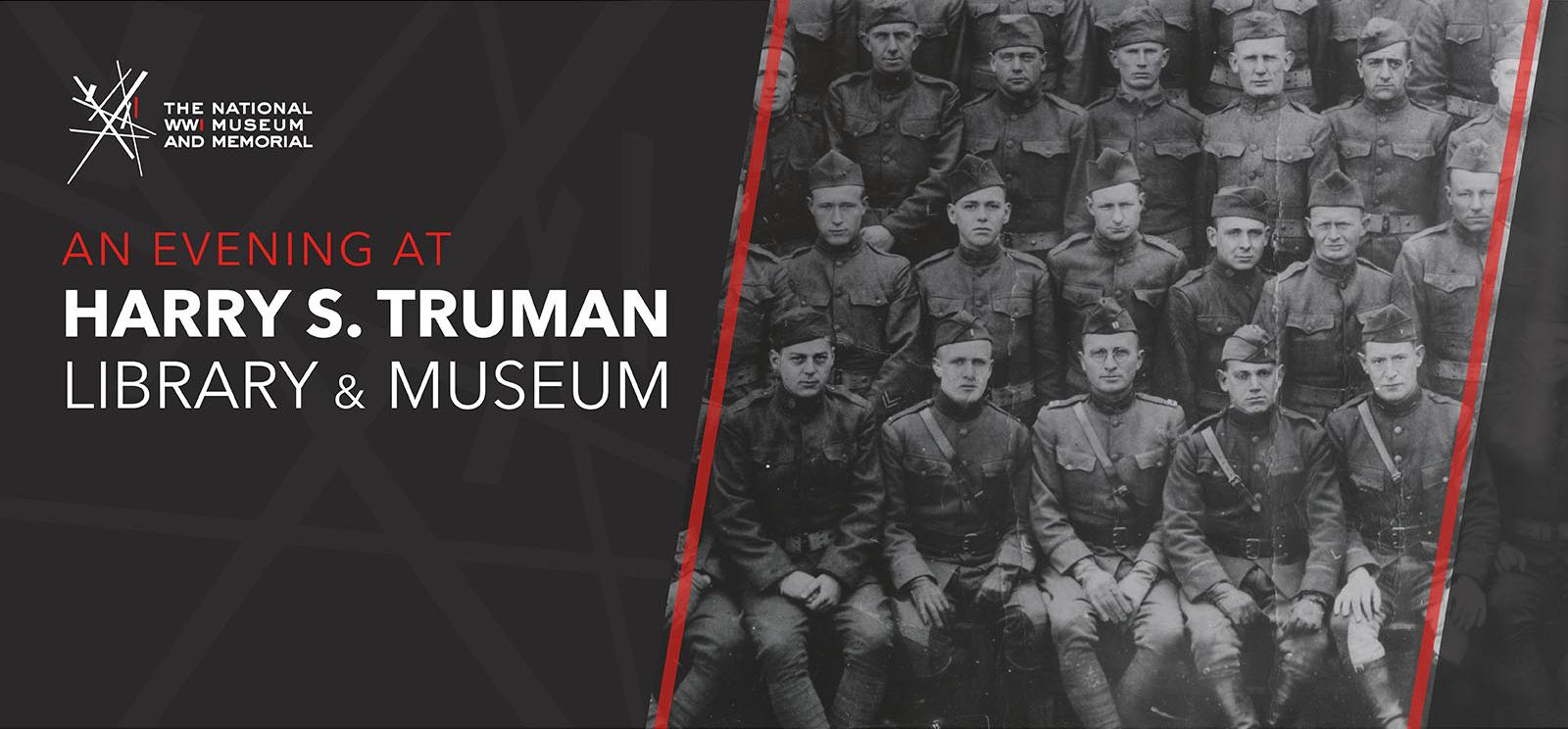 Image: black and white photo of rows of soldiers and officers posed for a group portrait. The soldier in the center of the first row is Harry S. Truman, wearing glasses.
