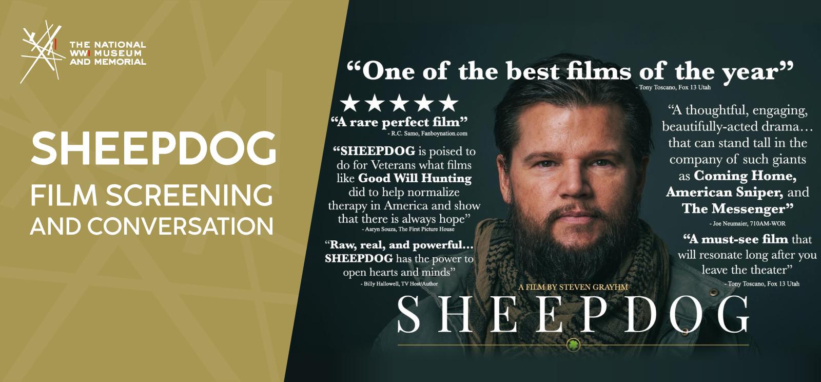 Modern portrait photograph of a bearded white man looking very serious. Text: 'SHEEPDOG'