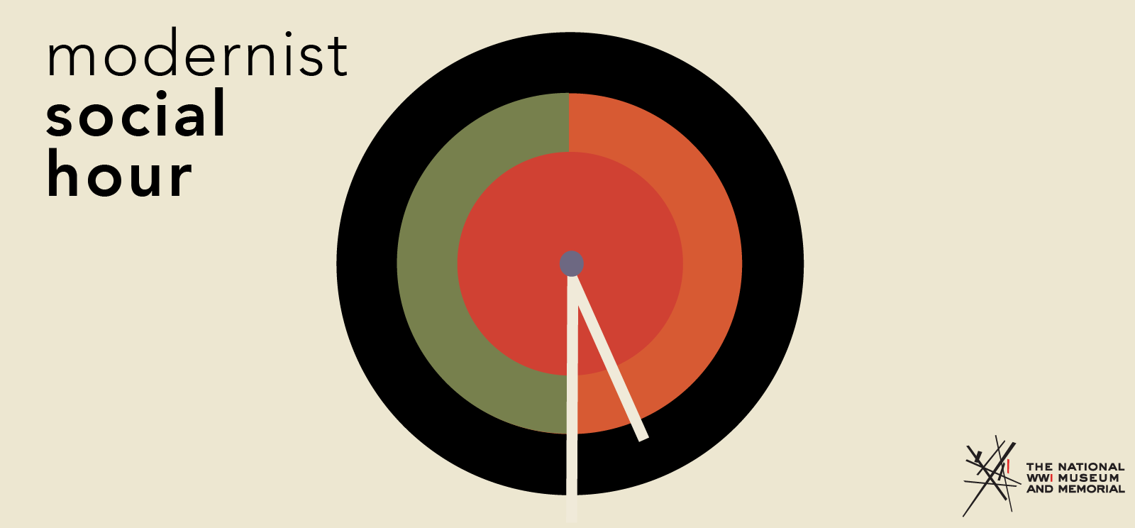 Cream background. Stylized red, green and black wall clock with the clock hands pointing to 5:30. Text: 'Modernist Social Hour'