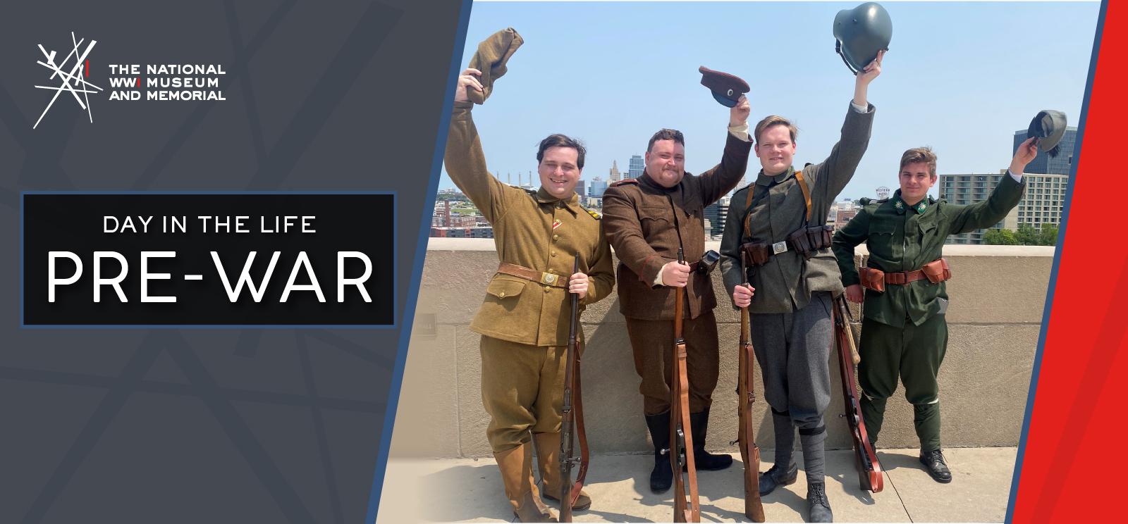 Modern photograph of four young white men in different WWI military uniforms waving their caps and helmets in greeting
