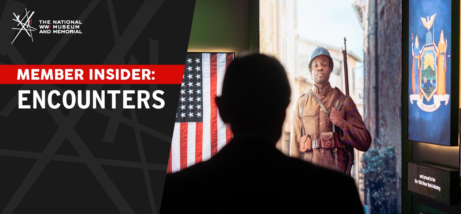 A Museum guest watches a life-size video of a Black American doughboy