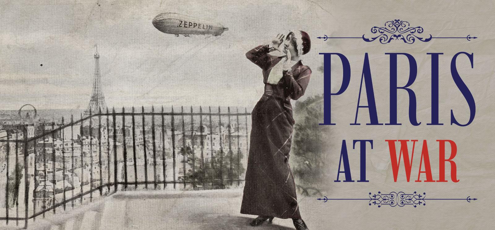 Painting of a French woman looking up at a zeppelin in the sky with the Eiffel Tower in the background