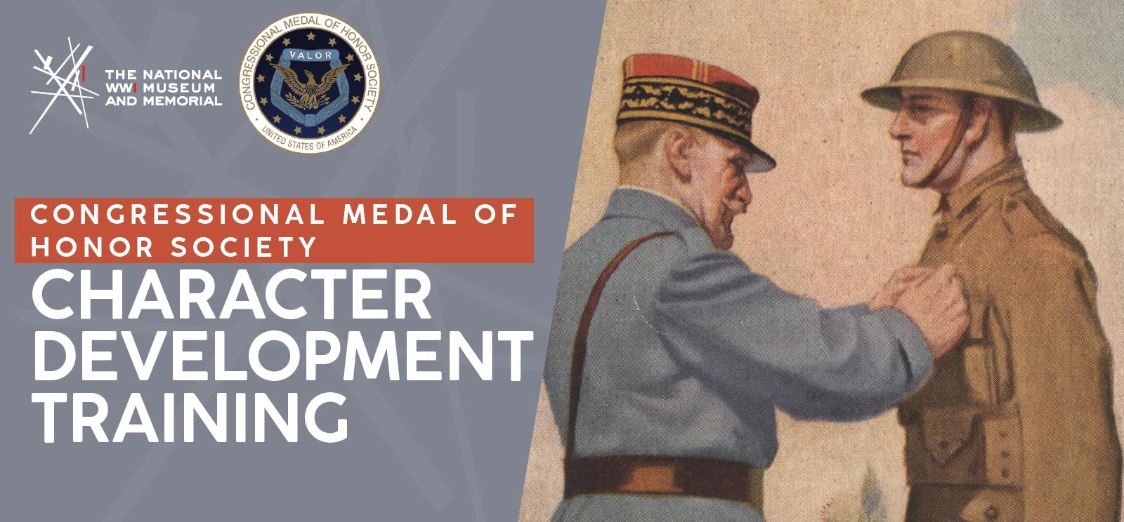 Painting of a WWI officer pinning a medal to the breast pocket of a WWI soldier