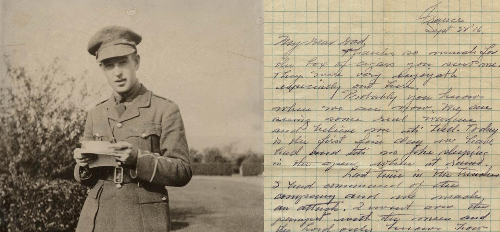 Black and white portrait of a young WWI soldier in uniform next to a scan of a handwritten letter