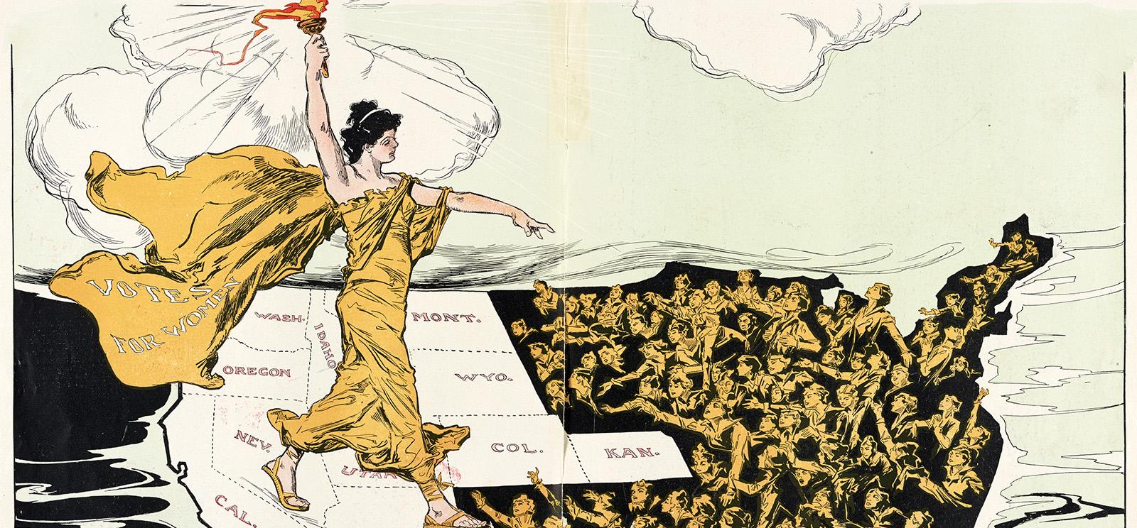 Painting of a white woman in gold robes carrying a torch, striding across a map of the United States