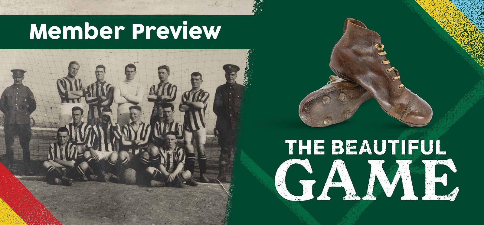 الصورة 1: صورة بالأبيض والأسود لفريق من لاعبي كرة القدم في صورة جماعية. الصورة 2: صورة حديثة لأحذية كرة قدم جلدية.