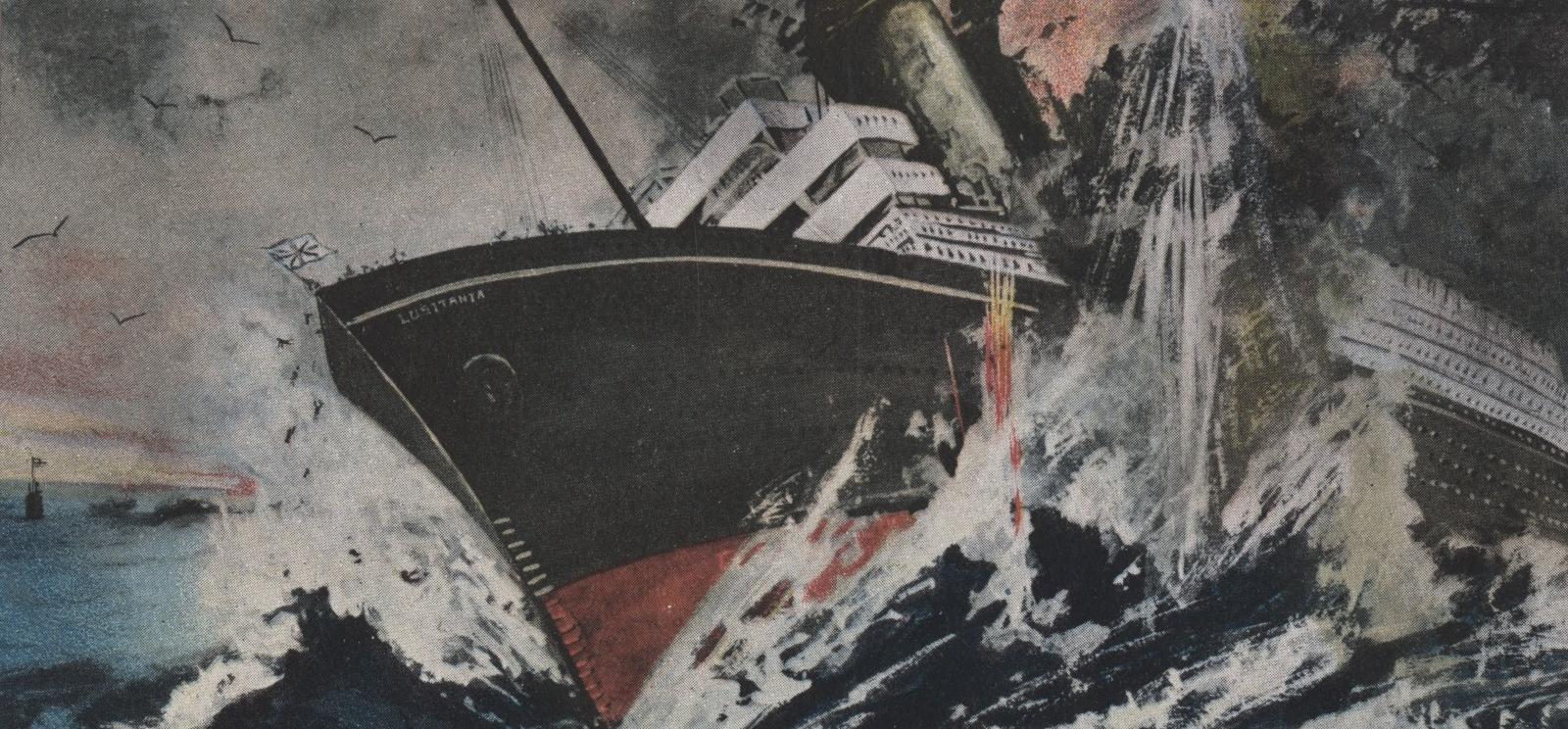 Color drawing of a ship with the name Lusitania on it's bow. There is what appears to be an explosion in the water and against the hull of the ship. There are birds flying and the sky is grey.