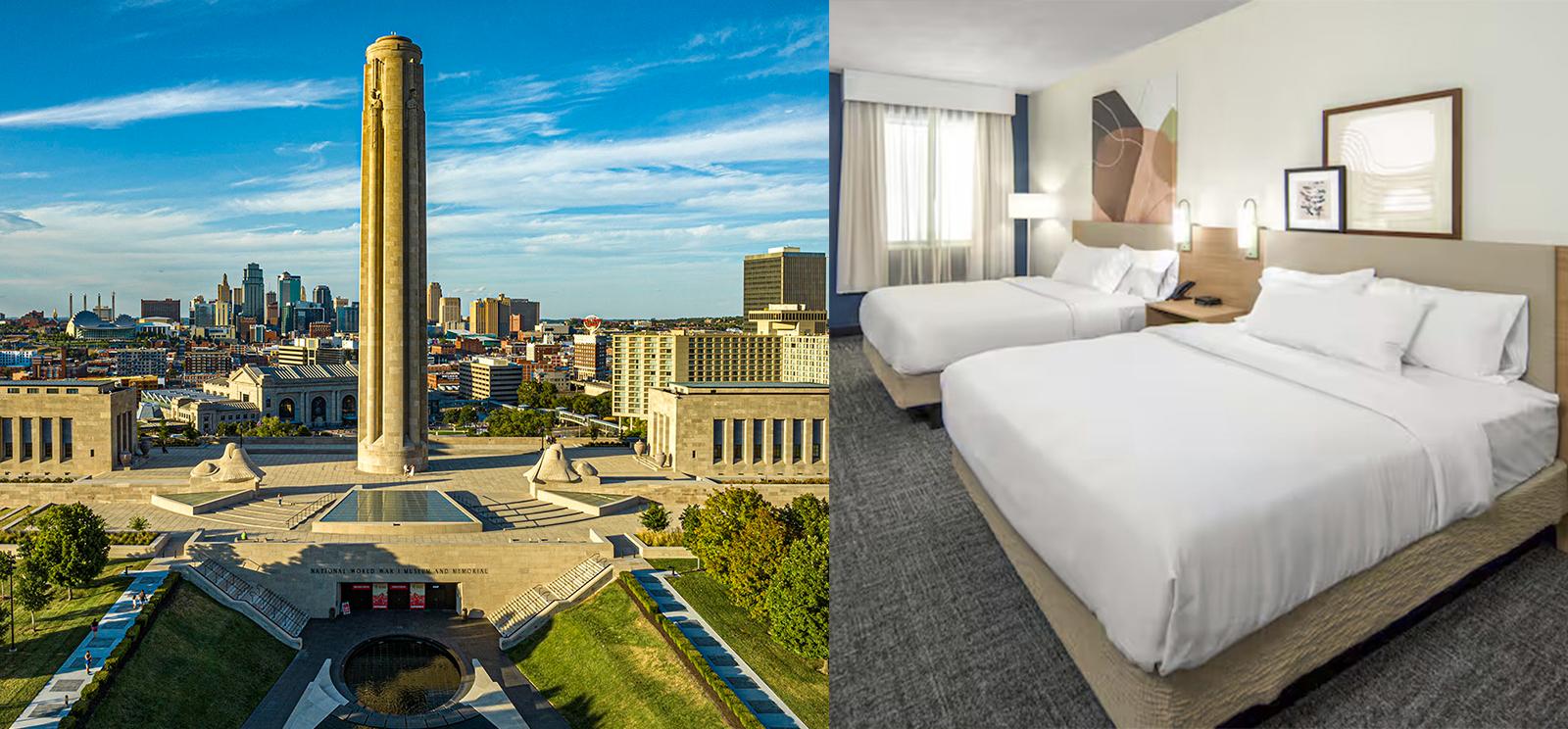 Left image: modern photo of Liberty Memorial Tower. Right image: modern photo of a hotel room with two beds