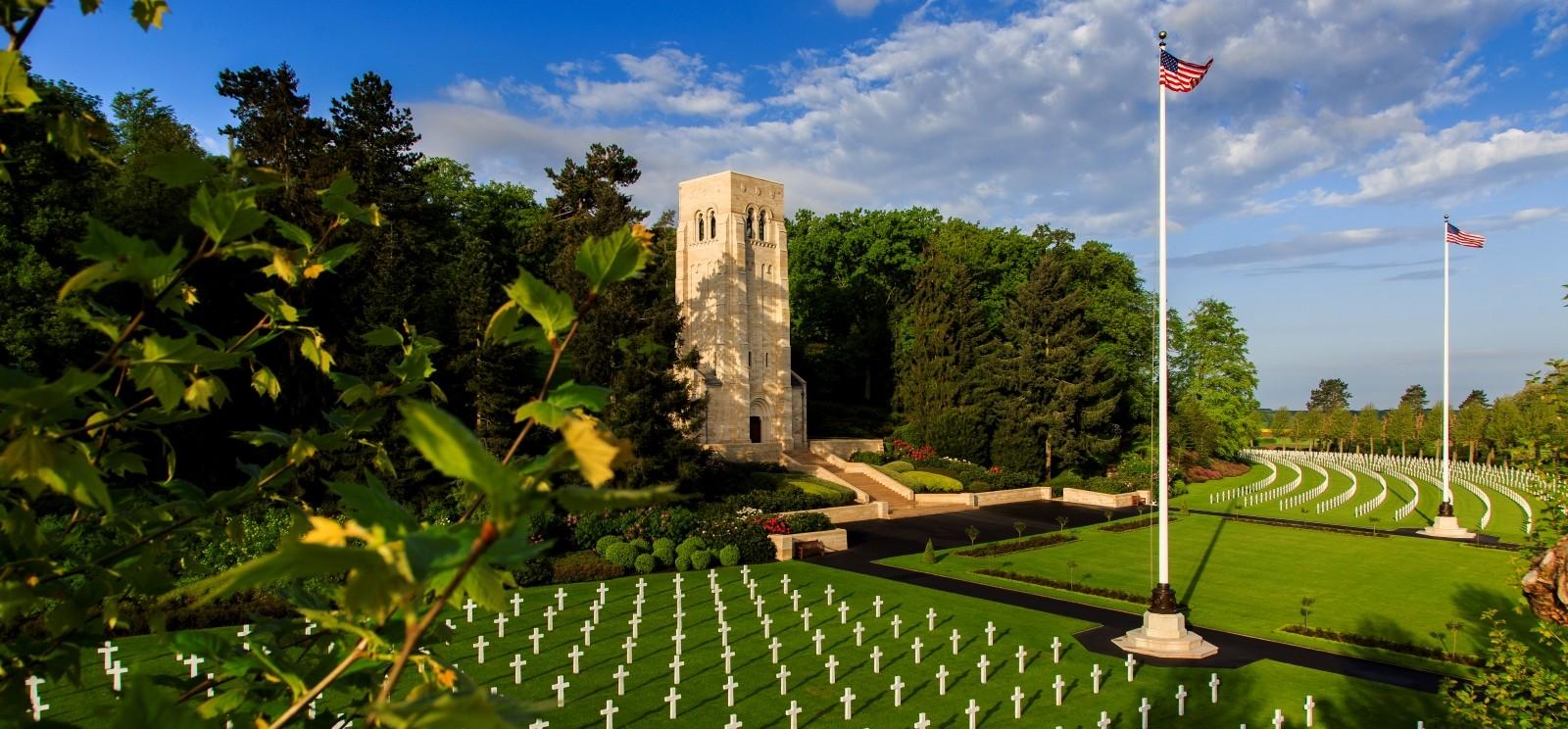 Color photo of a cemetery and a memorial space.