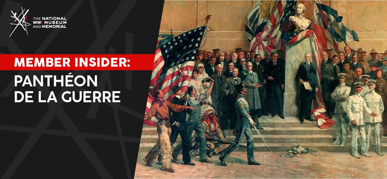 Painting of assorted WWI-era dignitaries and military figures gathered around a dais and plinth featuring a marble bust and various national flags