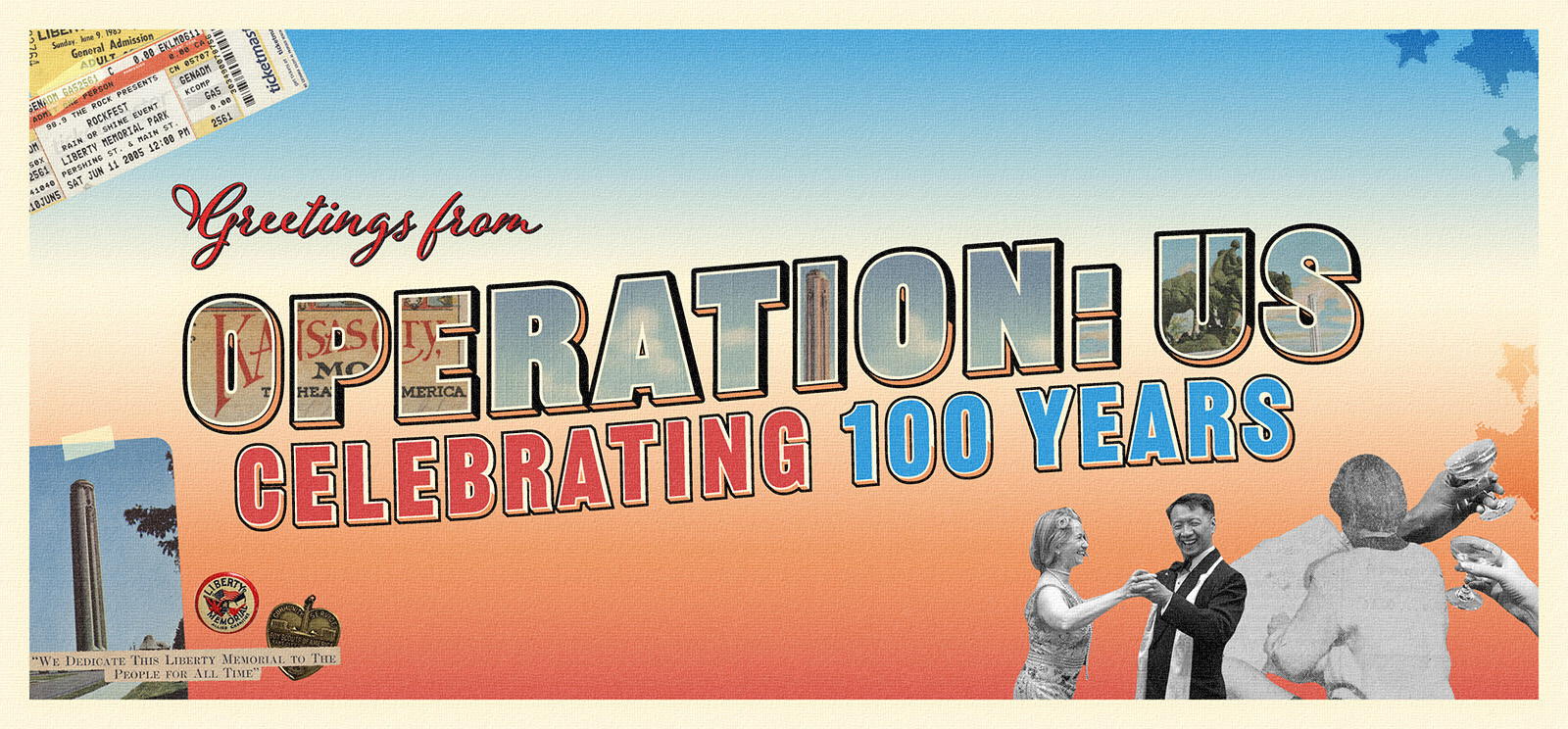 A collage of people dancing, vintage photographs and ticket stubs. Text: 'Greetings from Operation: Us / Celebrating 100 Years'