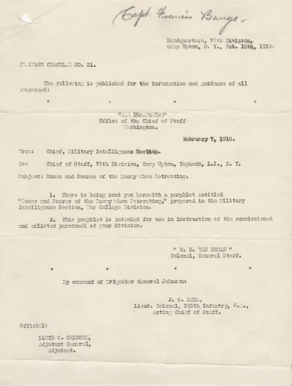 Scan of a typewritten document with Capt. Francis Bangs written in cursive on the top