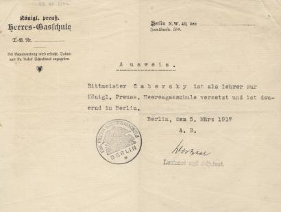 Scan of a Prussian identity card. Identifying information typewritten, signed in cursive by an officer and stamped with a circular seal depicting an eagle insignia.