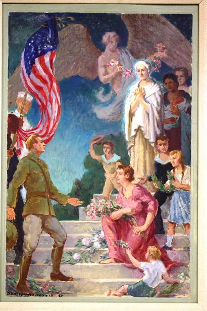 Crop of a painting depicting a group of women seated or standing on stone steps surrounded by children. The group is facing a standing white man dressed in military uniform. An angel hovers over the scene.