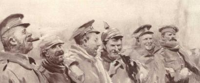 Loose, sketchy painting of six soldiers dressed in winter clothing and military uniforms from different countries. They are smiling and laughing, some of them smoking cigarettes or cigars.