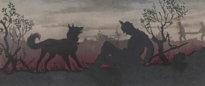 Stylized painting of the silhouettes of a soldier sitting down on a battlefield and a dog in front of him.