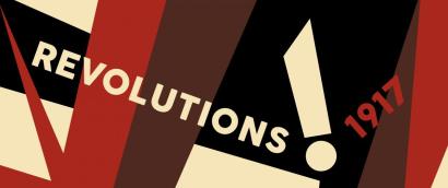 Background: red, brown and cream angular shapes. Text: Revolutions! 1917 in cream and red.