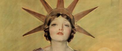 Painting of a young white woman from the neck up. She has short brown hair and wears a crown of rays similar to the Statue of Liberty.