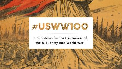 Background image: Drawing of a a monumental figure in robes in the foreground with crowds of soldiers looking up at them. The air is yellow and orange. Foreground text: #USWW100 / Countdown for the Centennial of the U.S. Entry into World War I.