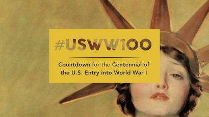Background image: Cropped portrait of a young white brunette woman wearing a crown of rays. Foreground text: #USWW100 / Countdown for the Centennial of the U.S. Entry into World War I.