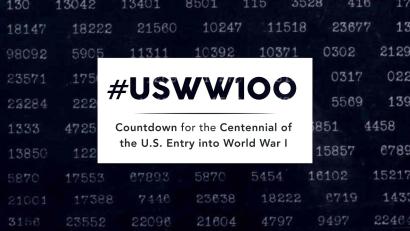 Background image: A series of white typewritten numbers on a black background. Foreground text: #USWW100 / Countdown for the Centennial of the U.S. Entry into World War I.