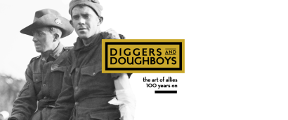 Background: Black and white photograph of two men in military combat uniform. One is wearing a wide-brimmed hat. Foreground text: Diggers and Doughboys