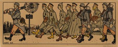 Cartoon of a French soldier leading German prisoners of war along a path.