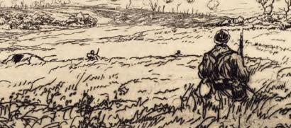 Pencil sketch of a field of waist-high tall grass. In the foreground, a soldier stands with his back to the viewer. In the background, the tops of soldiers' heads are visible among the grass.