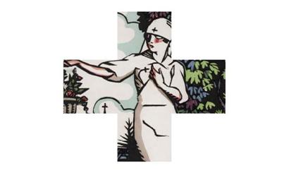 Cross-shaped cutout on a white background. Through the cut-out is a drawing of a white woman in a white nurse uniform.