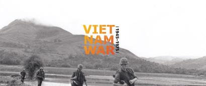 Background image: black and white photograph of Vietnam War-era soldiers walking in single file across a valley. Text: Vietname War / 1945-1975