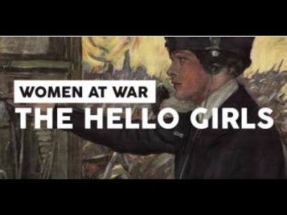 Background image: Painting of a woman in military uniform operating a switchboard. Foreground text: Women at War / The Hello Girls.