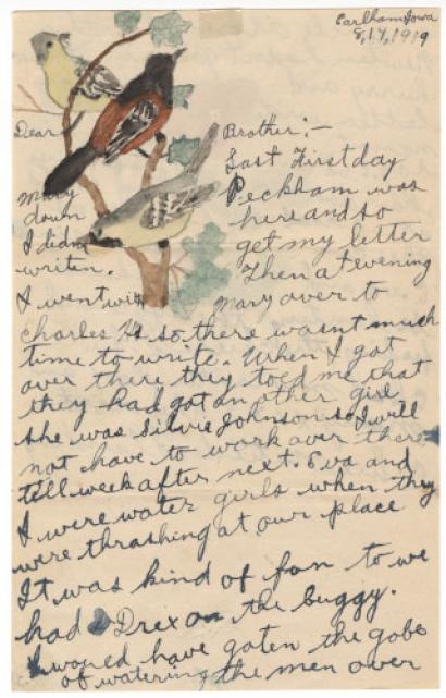 Handwritten letter with a watercolor of a robin painted at the top