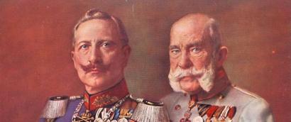 Painting of two white men in military dress uniform. The one on the left has brown hair and a mustache that curls up on the ends. The one on the right has white hair and muttonchops.