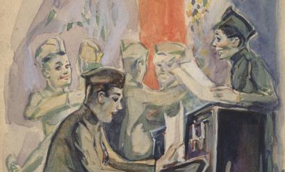 Watercolor sketch of two WWI soldiers. One is seated at an upright piano and the other is leaning on the piano. Both are singing.